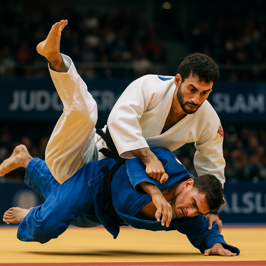 A static, clear image focusing on a judo athlete caught mid-action in a well-executed