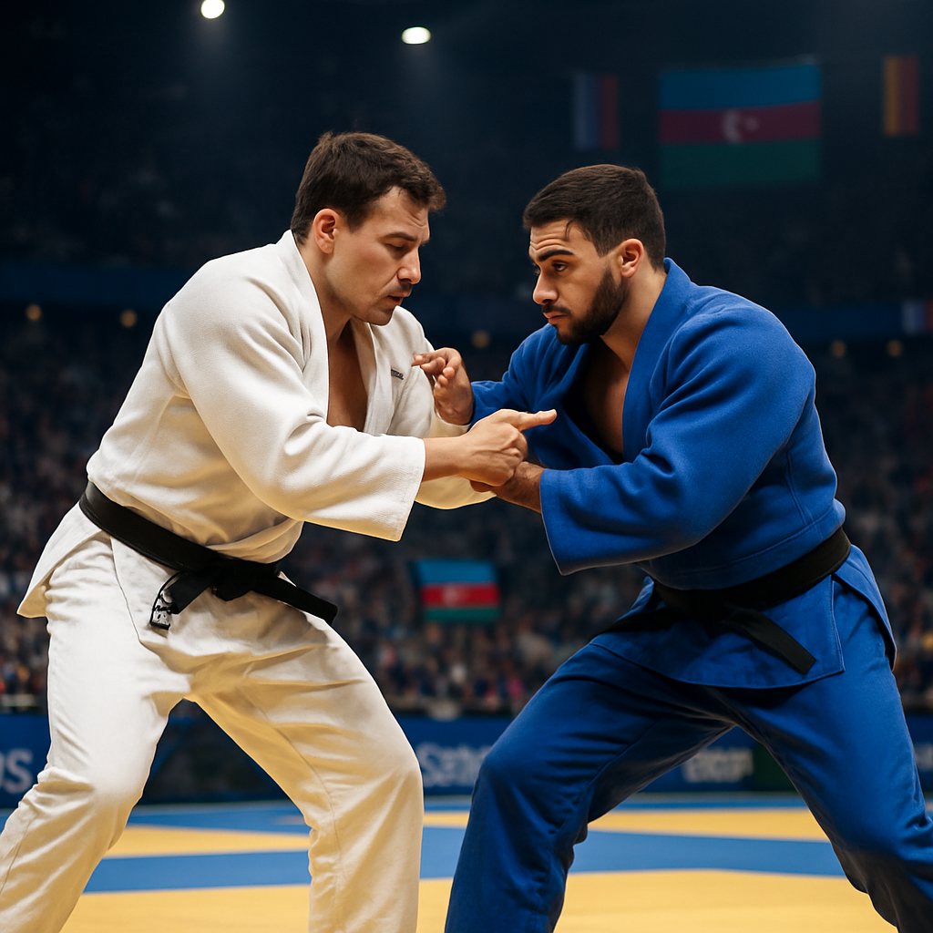 Two judoka in blue and white judogi battle for a grip on the tatami