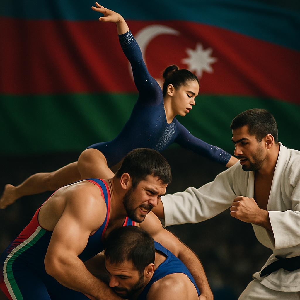 Close-up of a determined Azerbaijani wrestler in mid-action with the national flag in the