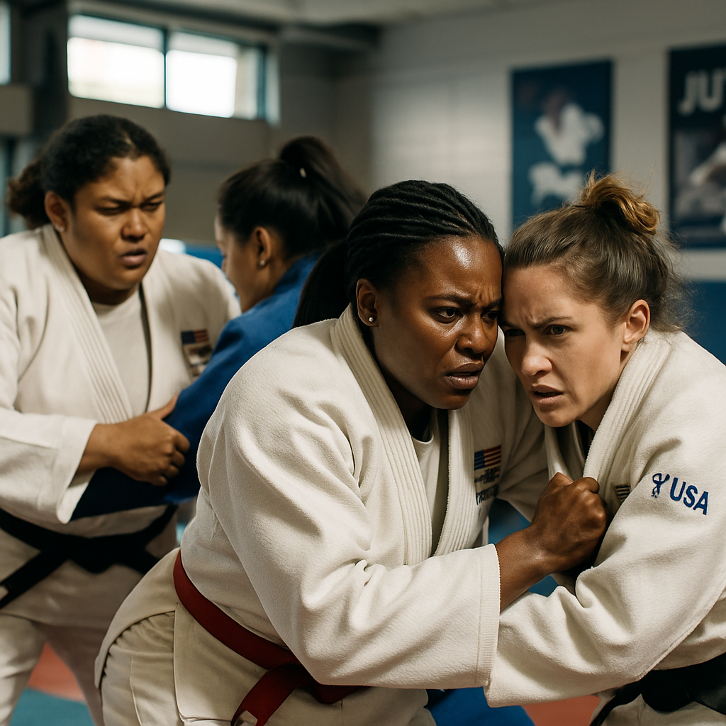 Women judo athletes practicing intense moves in a modern gym setting, expressing focus and