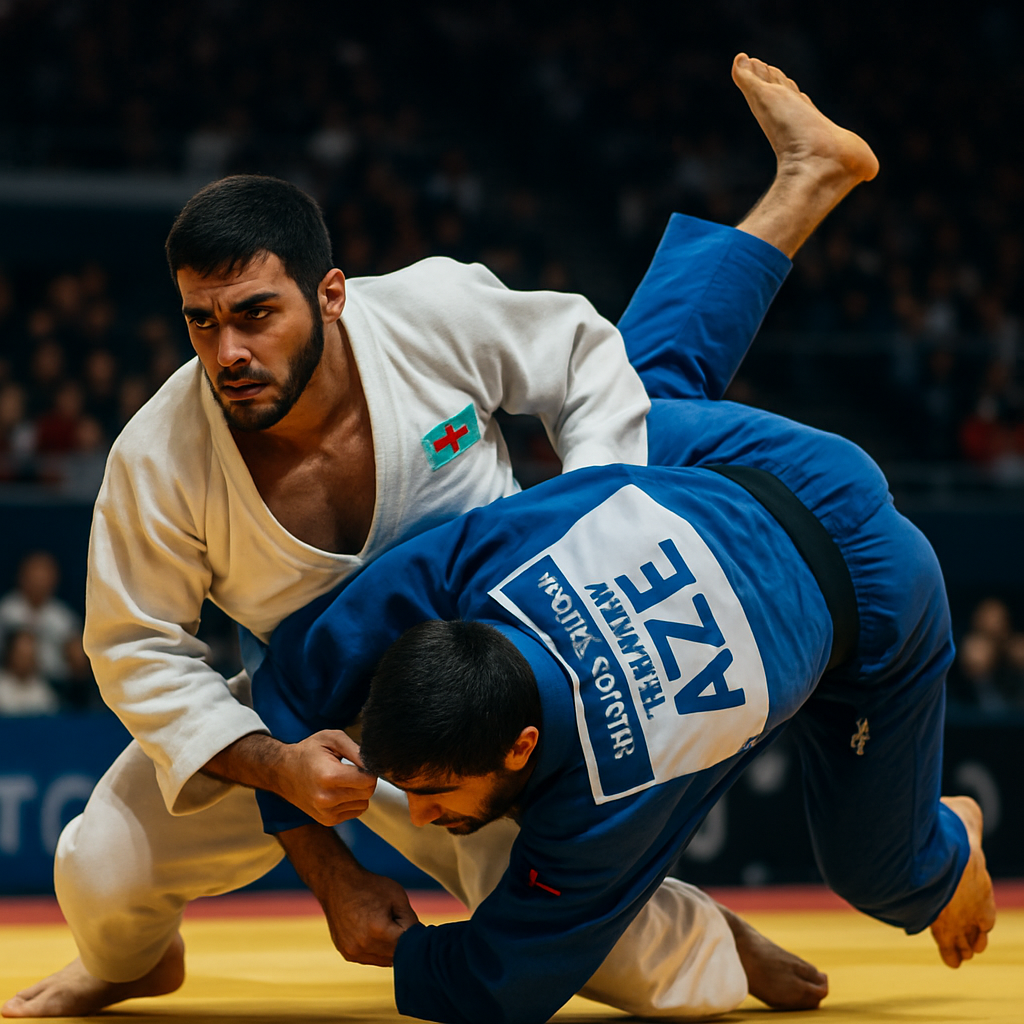 A close-up of an Azerbaijani judo athlete executing a move with intensity and focus