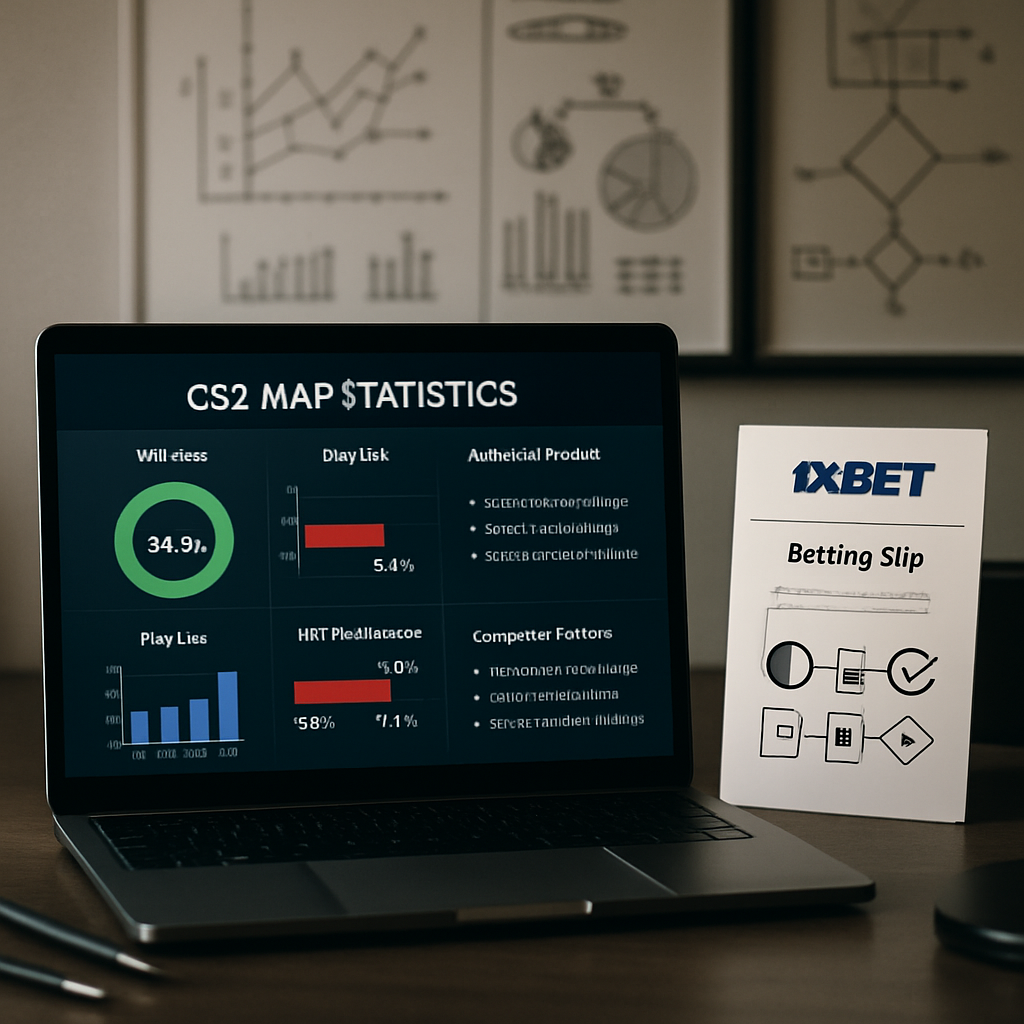 A clean digital infographic layout showcasing the correlation between CS2 map statistics and 1xBet