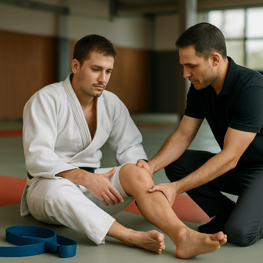 A physiotherapist guides a judoka through a controlled knee rehabilitation exercise beside the tatami.