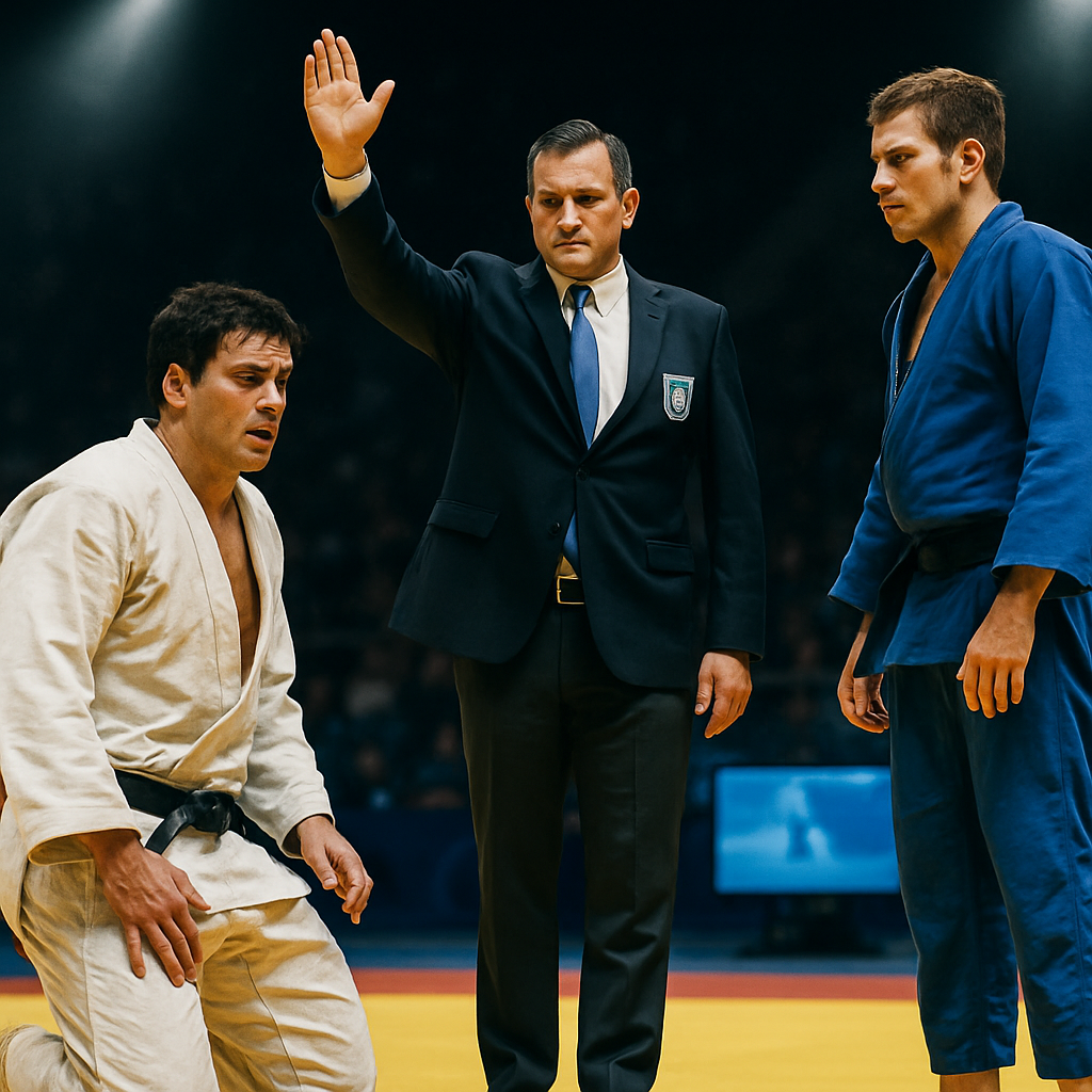 A judo referee signals a contested call as two athletes wait on the mat