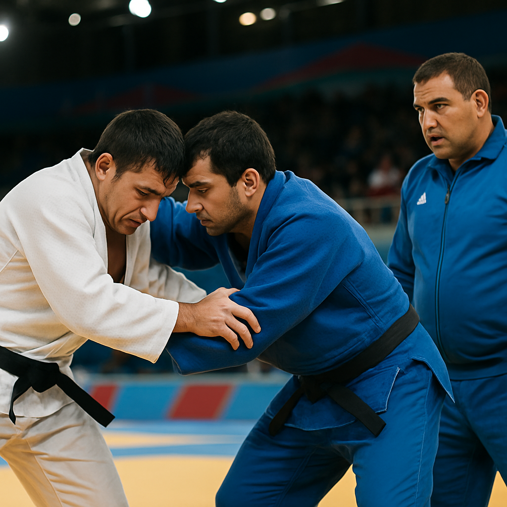 Two visually impaired judoka practice a grip exchange on the tatami in a Baku