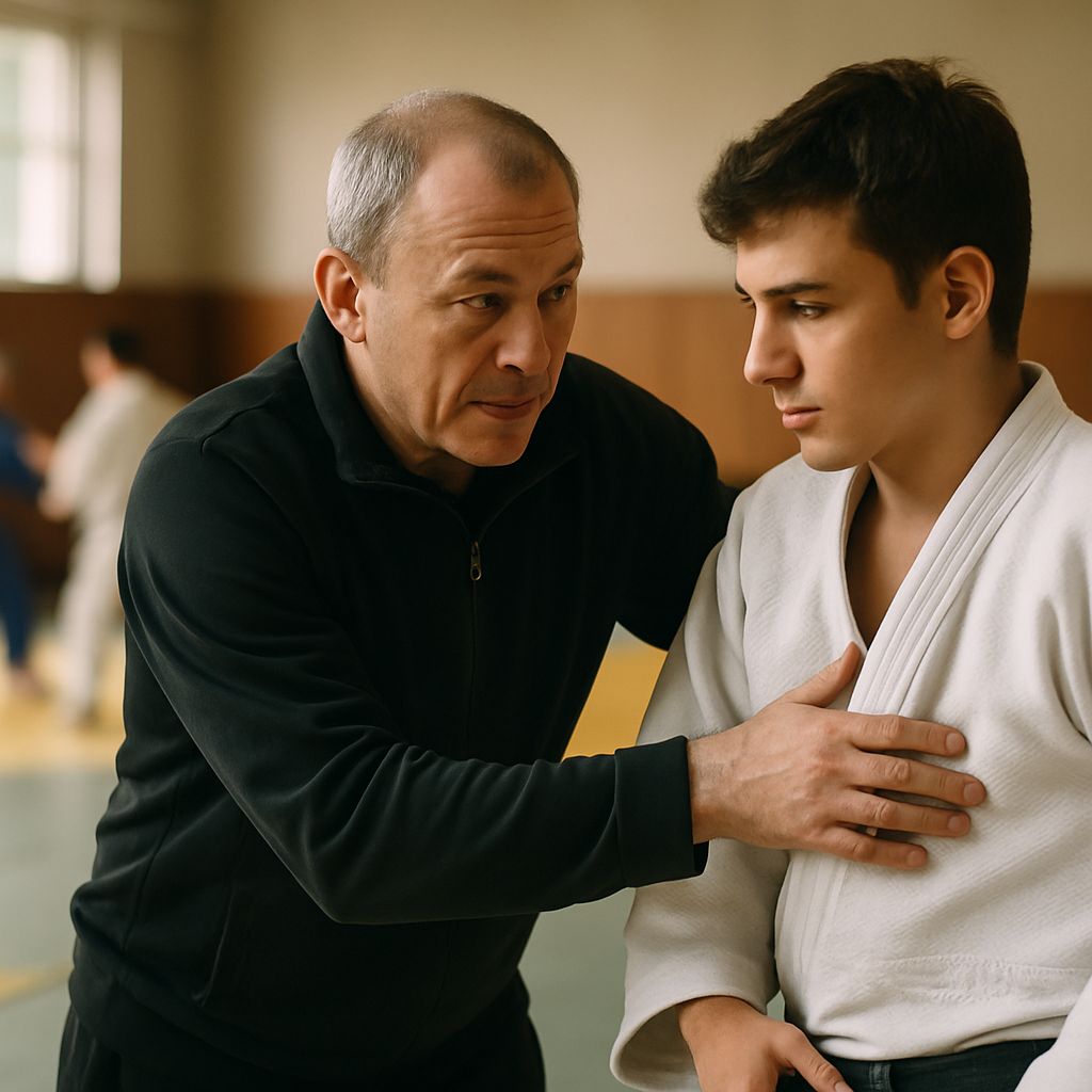 A former judo champion coaches a young athlete on the tatami, demonstrating a technique