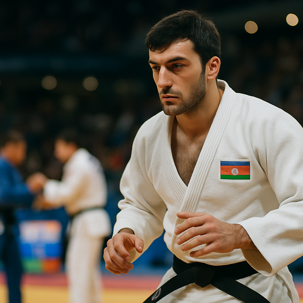 An Azerbaijani judoka stands focused on the tatami as international competitors and a blurred