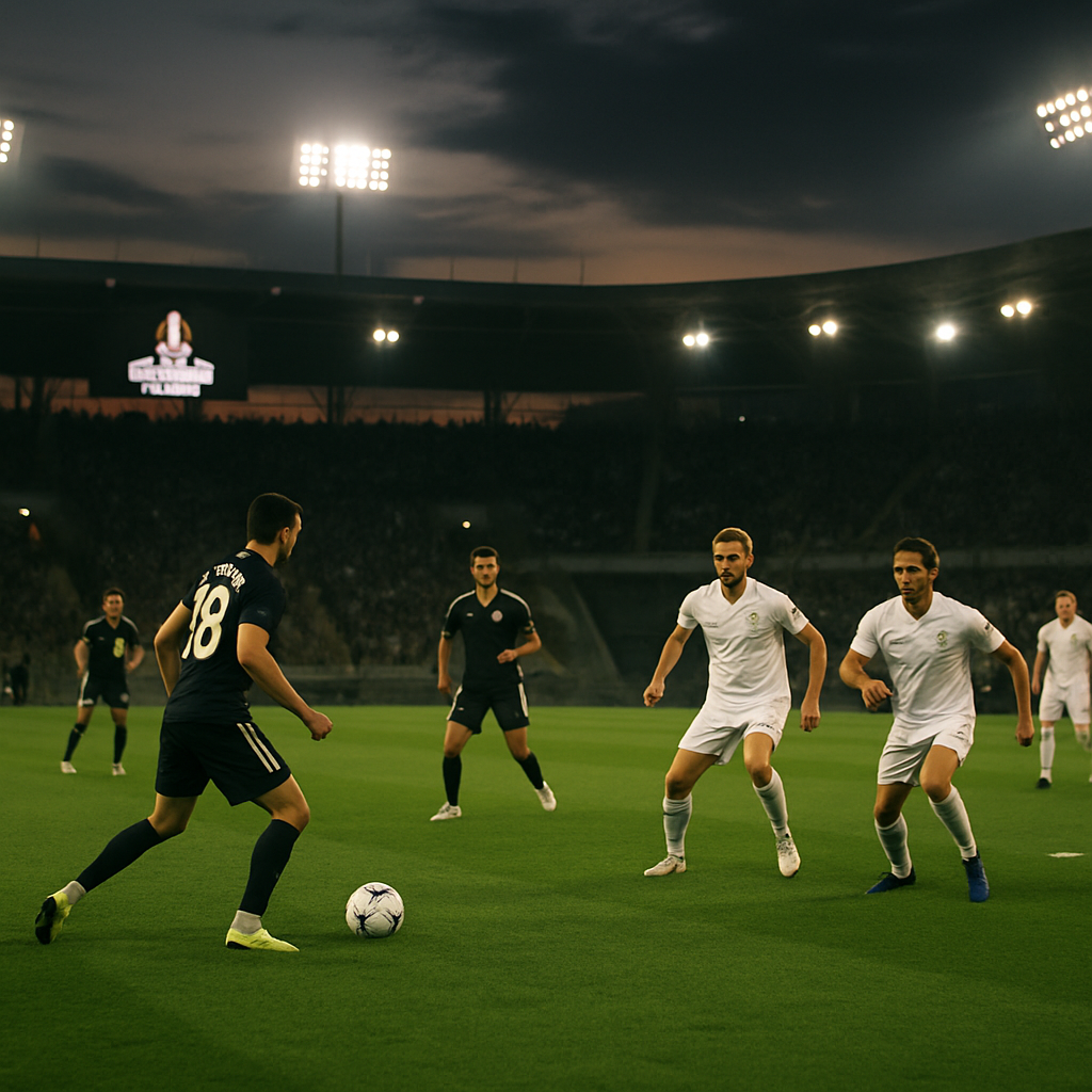 Players from an Azerbaijani club reorganize during a Europa League match as they transition