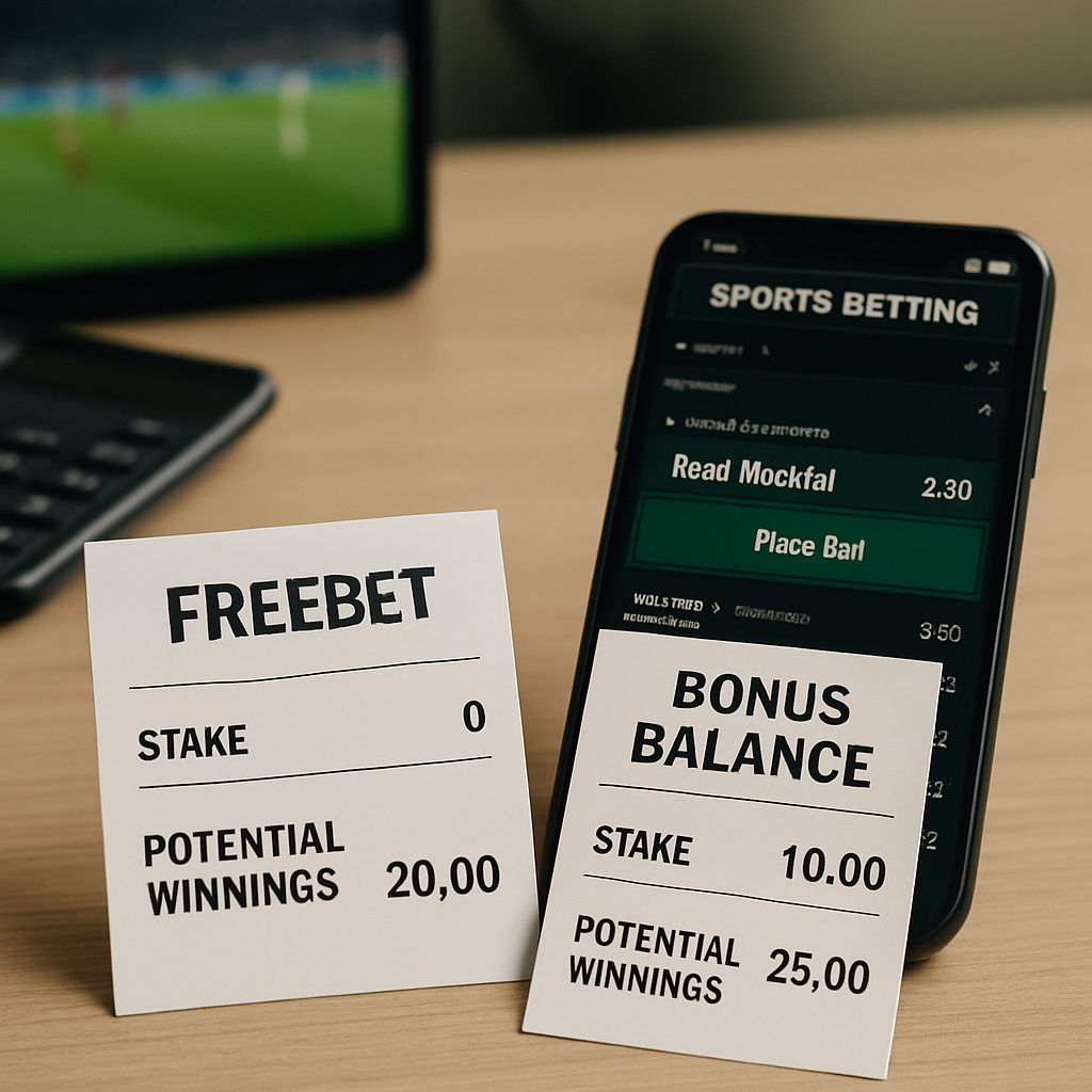 Photorealistic desk scene comparing a freebet slip with a regular bonus balance beside a