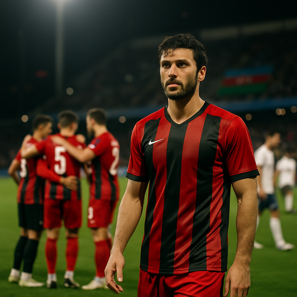 An Azerbaijani club player regroups with teammates after a demanding international football match.